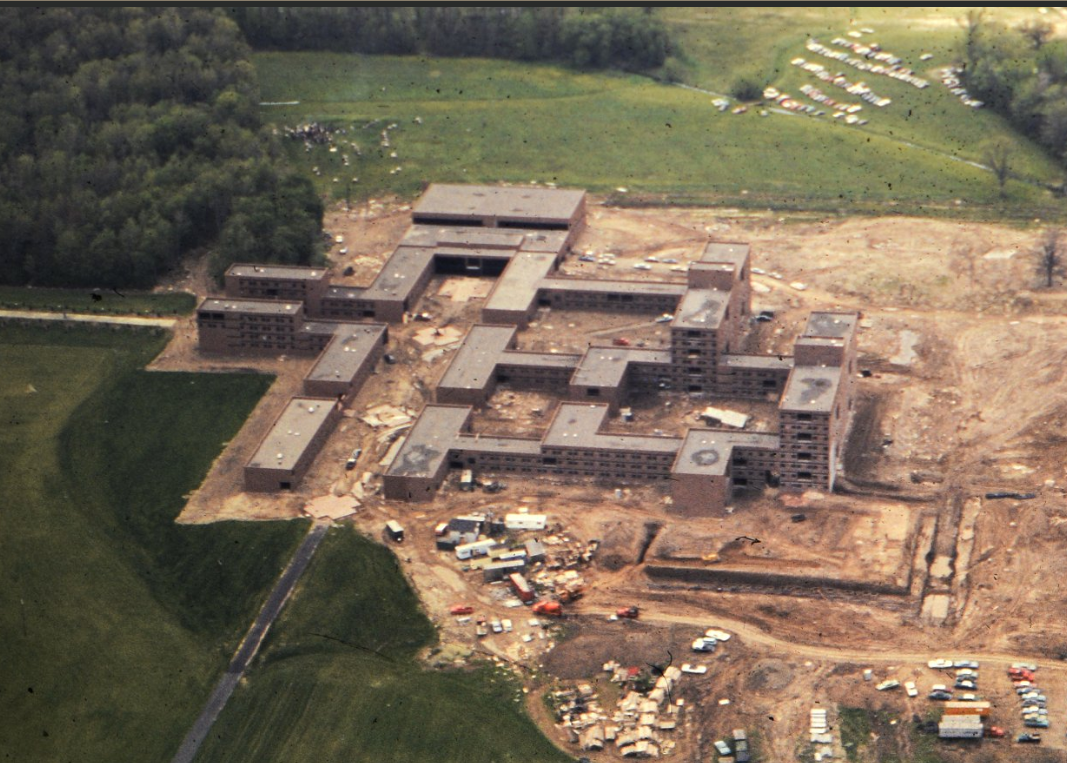 Construction photos of the RIT residence halls, circa 1966. Some
            tunnels are exposed as they are being built.