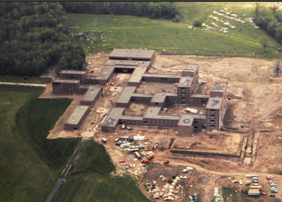 Construction photos of the RIT residence halls, circa 1966. Some tunnels are exposed as they are being built.